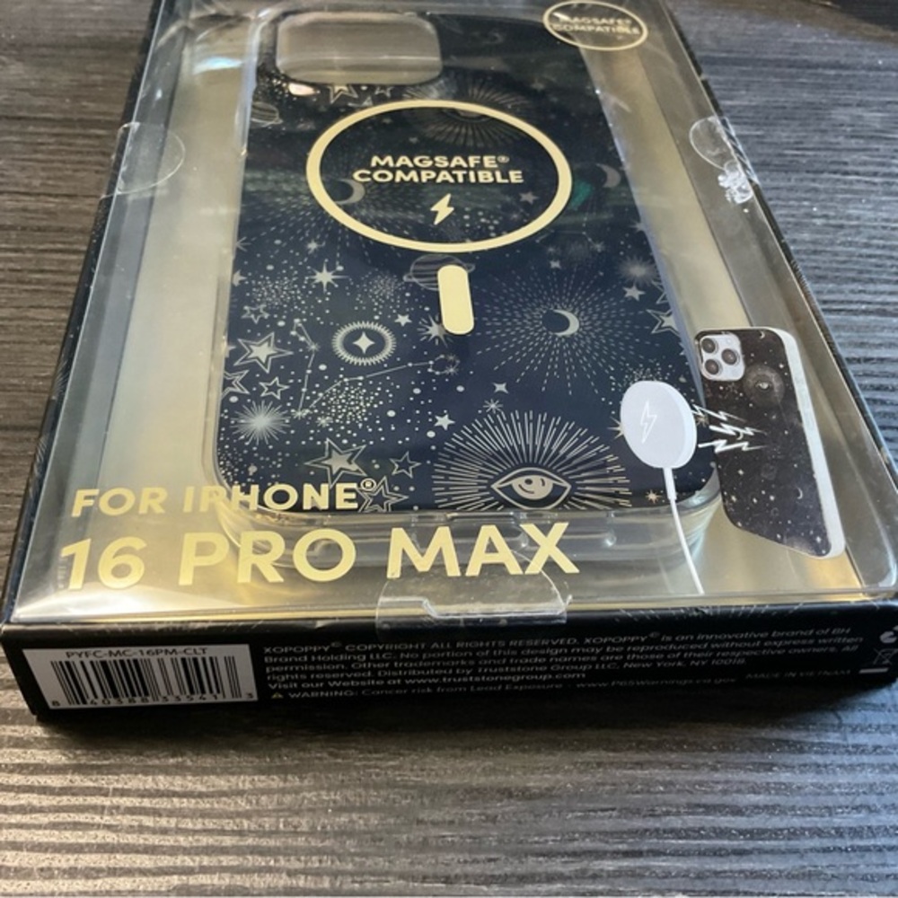 Poppy iPhone 16 Pro Max MagSafe case. Black & metallic celestial design. NIB
